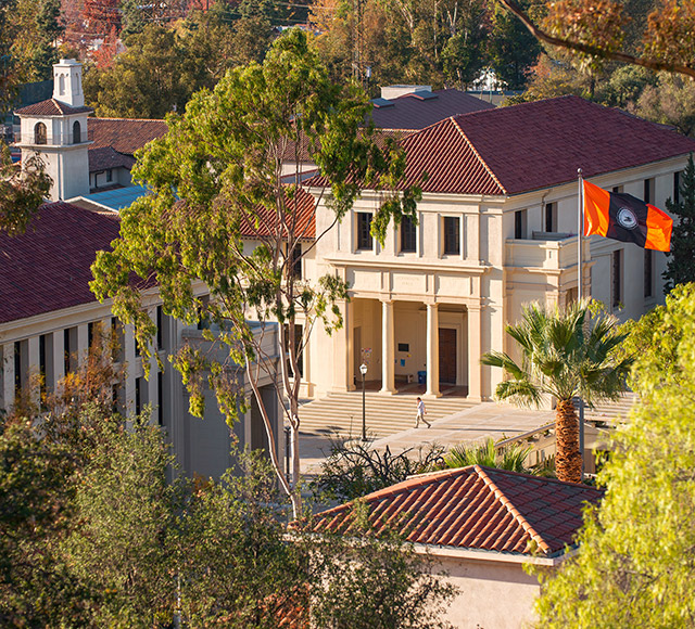 An overhead shot of campus from a distance