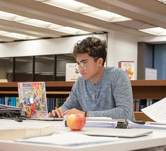 A student looks intently at his laptop while studying in the Mary Norton-Clapp Library