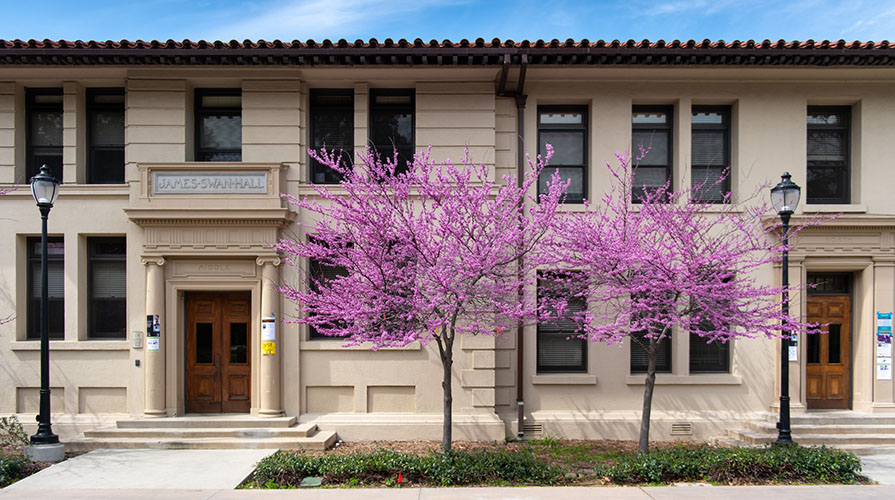 Image of Swan Hall with flowering trees