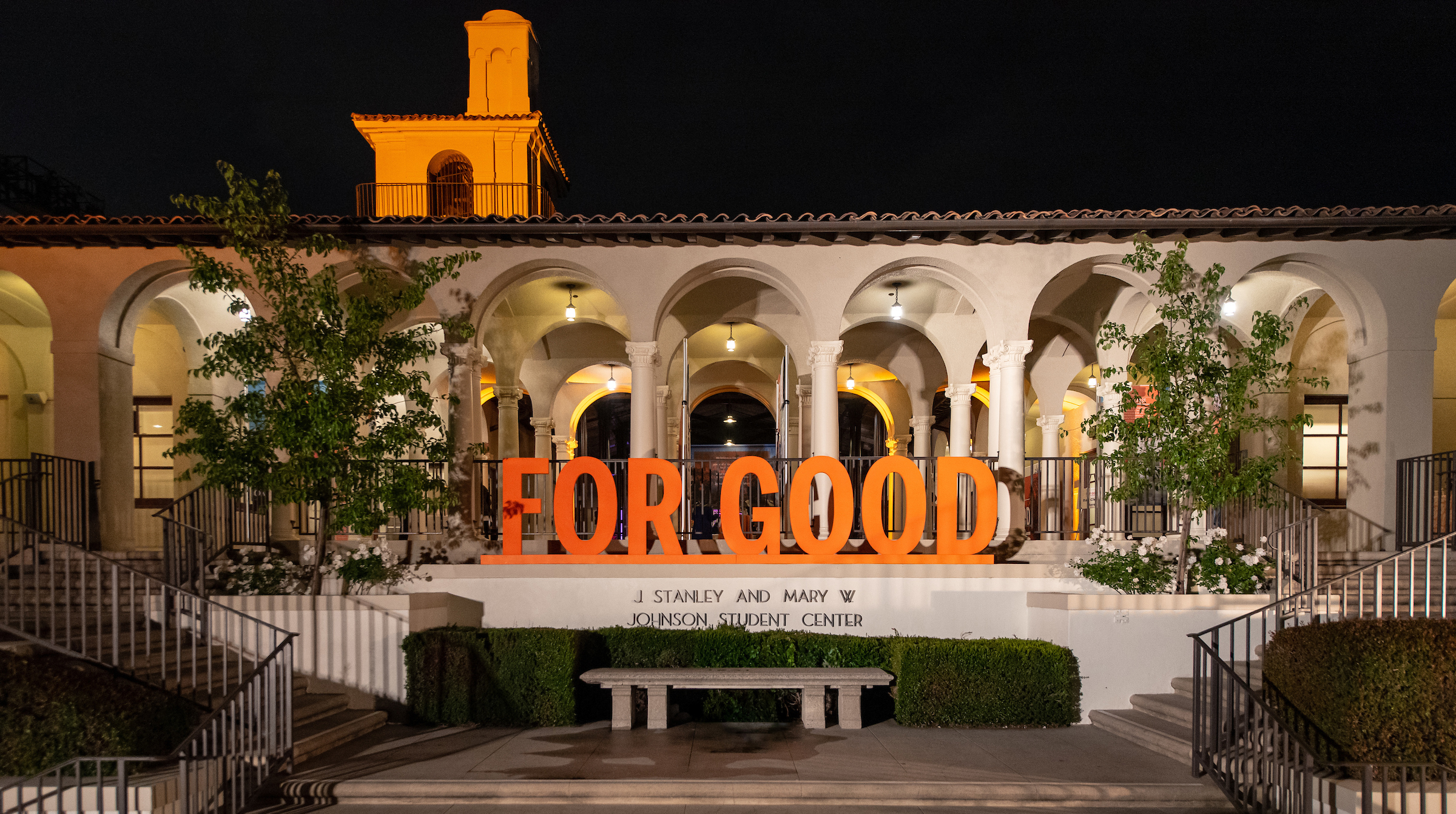 For Good letters illuminated on JSC steps