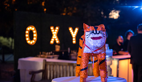 An Oswald the Tiger pinata in front of a sign made of light bulbs that reads "Oxy"