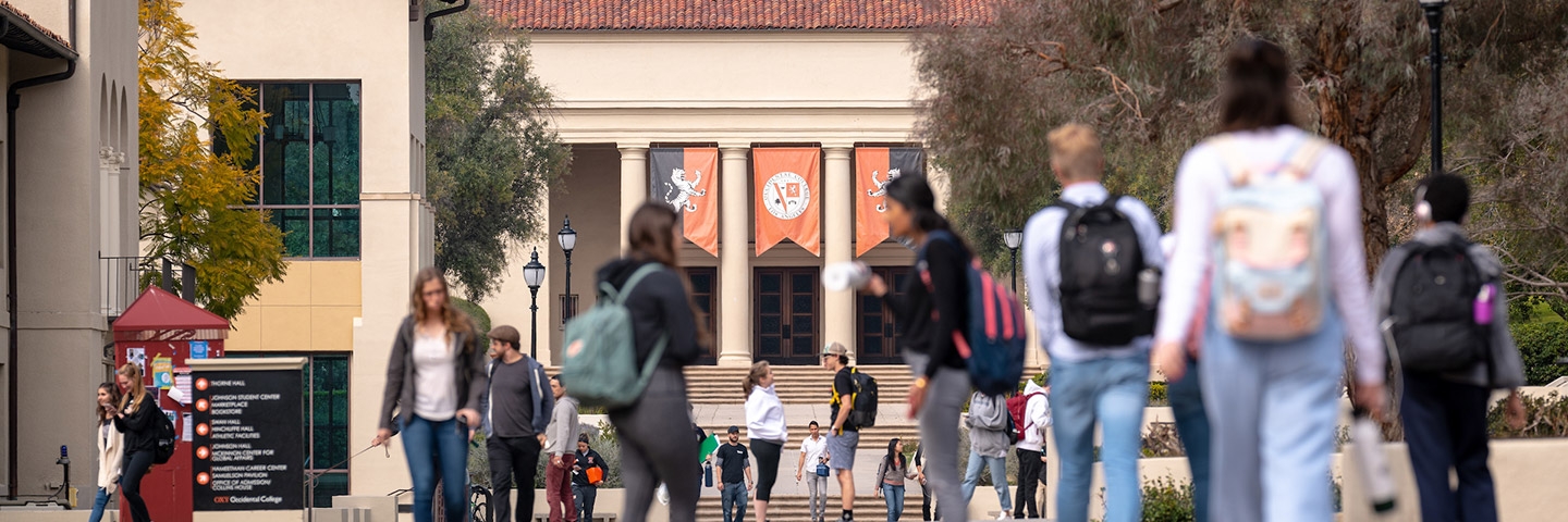 Students on the walkway in front of Thorne Hall